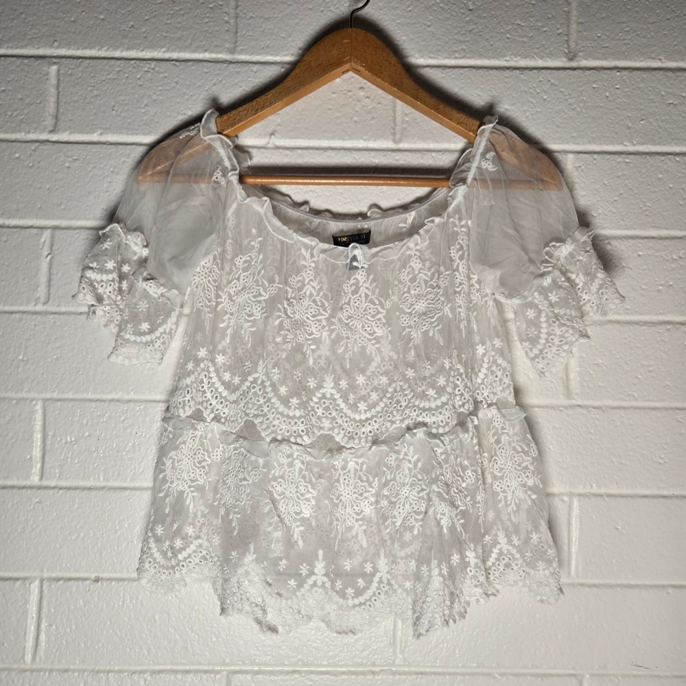 Vtg Womens Angel Top Lace Mesh Off Shoulder Small Boho Cottagecore Feminine Lace